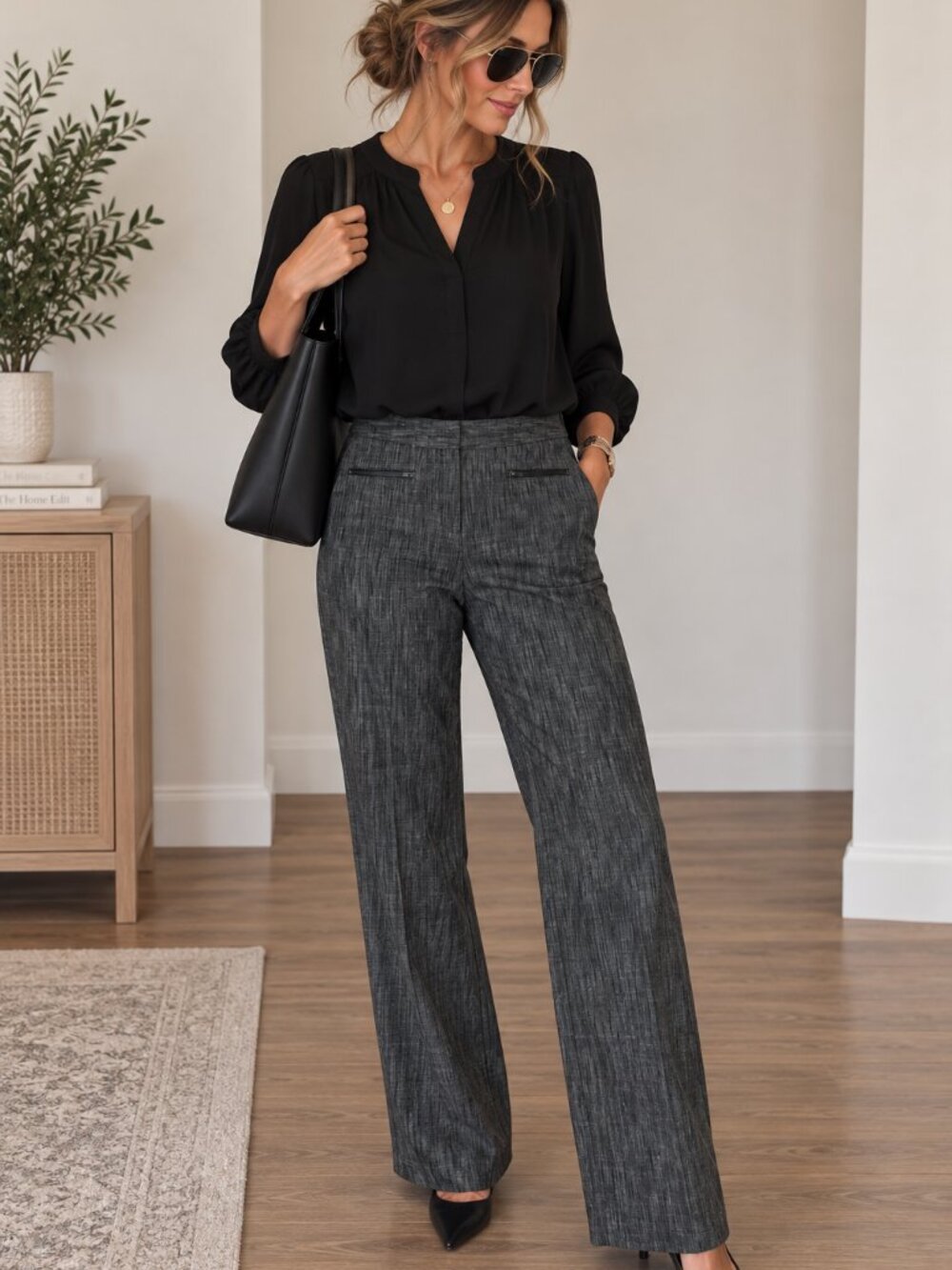 Larry Levine Stretch Black Textured Straight Leg Pants Size 8